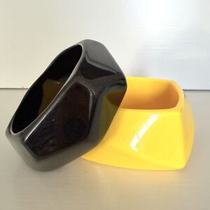 Vintage Lucite Faceted Chunky Bangle Bracelets Egg Yolk Yellow & Black Set of 2
